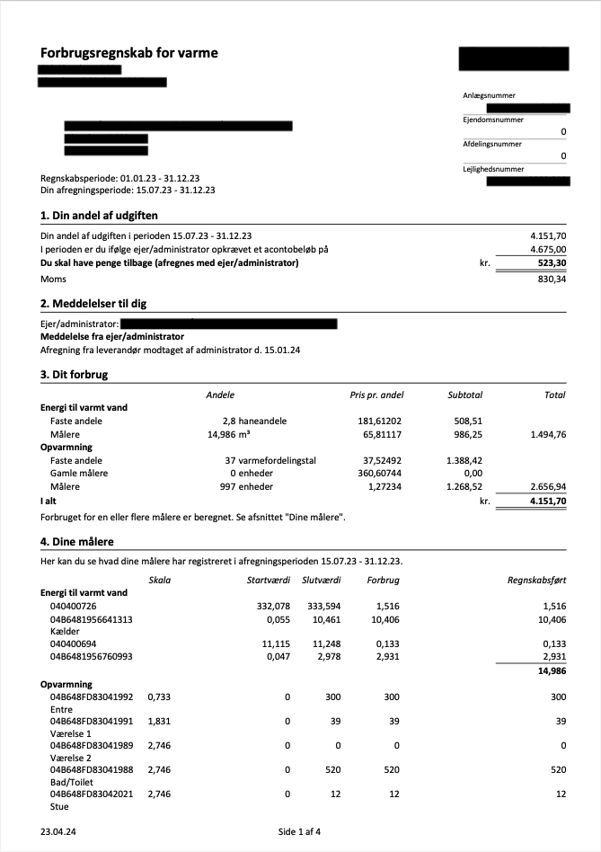 Eksempel på forbrugsregnskab, side 1